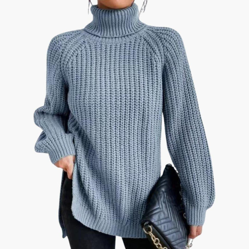 Chunky Turtleneck Sweater for Women with Side Slits and Raglan Sleeves in Sky Blue, front view