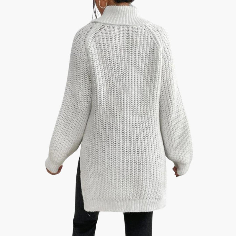 Chunky Turtleneck Sweater for Women with Side Slits and Raglan Sleeves in White, back view