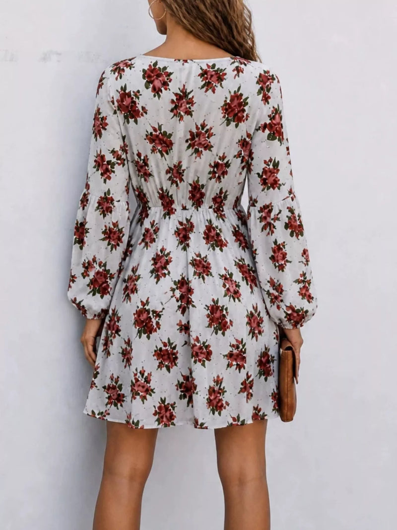 Floral Long Sleeve Mini Dress for Women with Smocked Waist and V Neck in White, back view