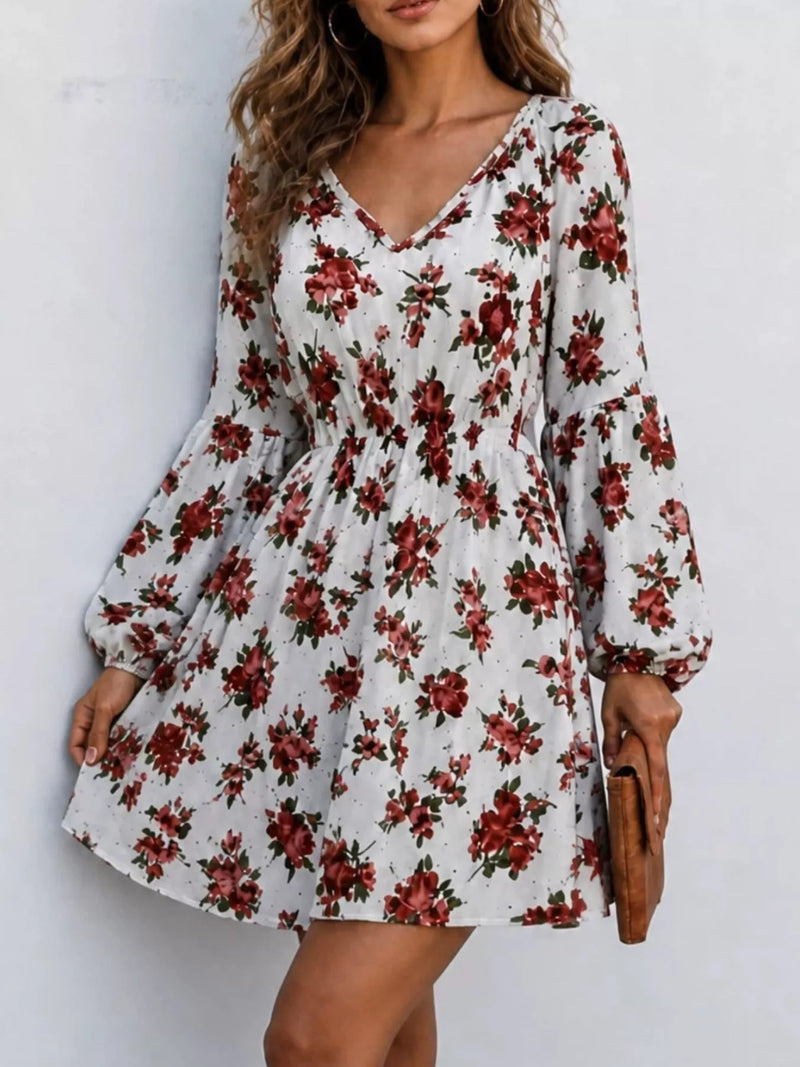 Floral Long Sleeve Mini Dress for Women with Smocked Waist and V Neck in White, side front view