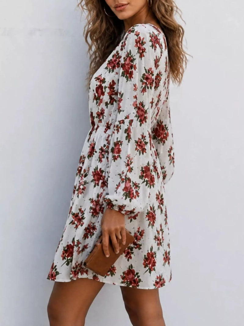 Floral Long Sleeve Mini Dress for Women with Smocked Waist and V Neck in White, side view