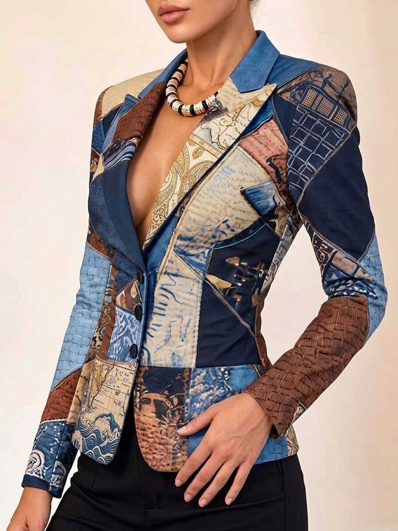 Patchwork Print Fitted Blazer for Women with Notch Lapel and Button Front in Multicolor, angled front view