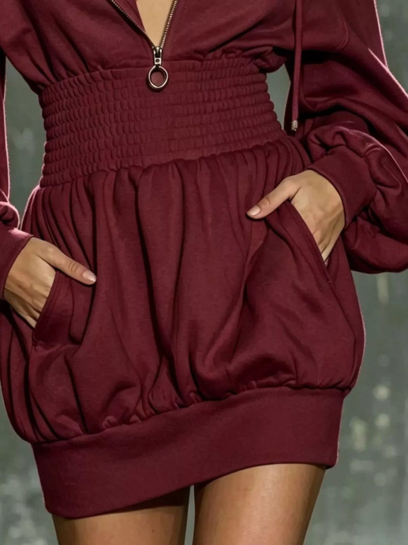 Half Zip Hoodie Dress for Women with Smocked Waist and Pockets in Burgundy, waist close-up