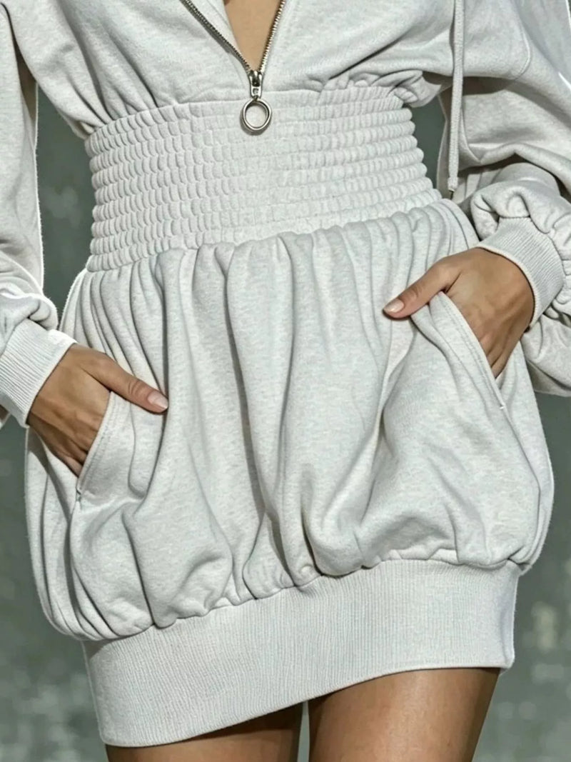 Half Zip Hoodie Dress for Women with Smocked Waist and Pockets in Light Gray, waist close-up