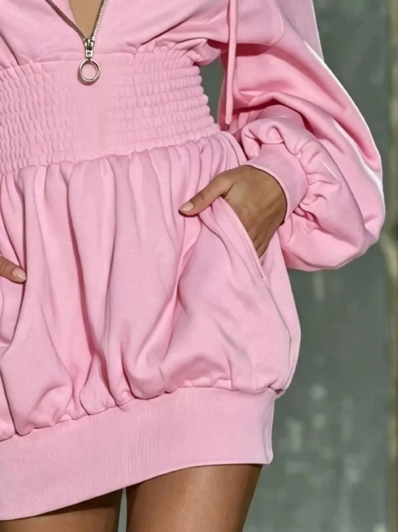 Half Zip Hoodie Dress for Women with Smocked Waist and Pockets in Pink, waist close-up