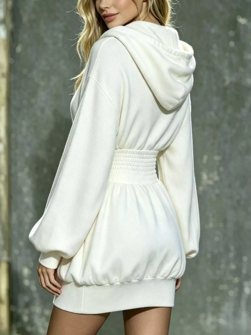 Half Zip Hoodie Dress for Women with Smocked Waist and Pockets in White, back view