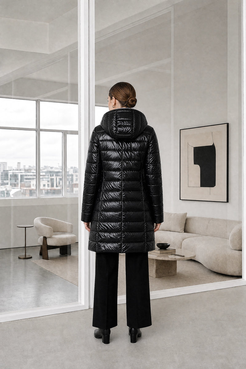 Monroe | Hooded Puffer Jacket in Black, studio back view