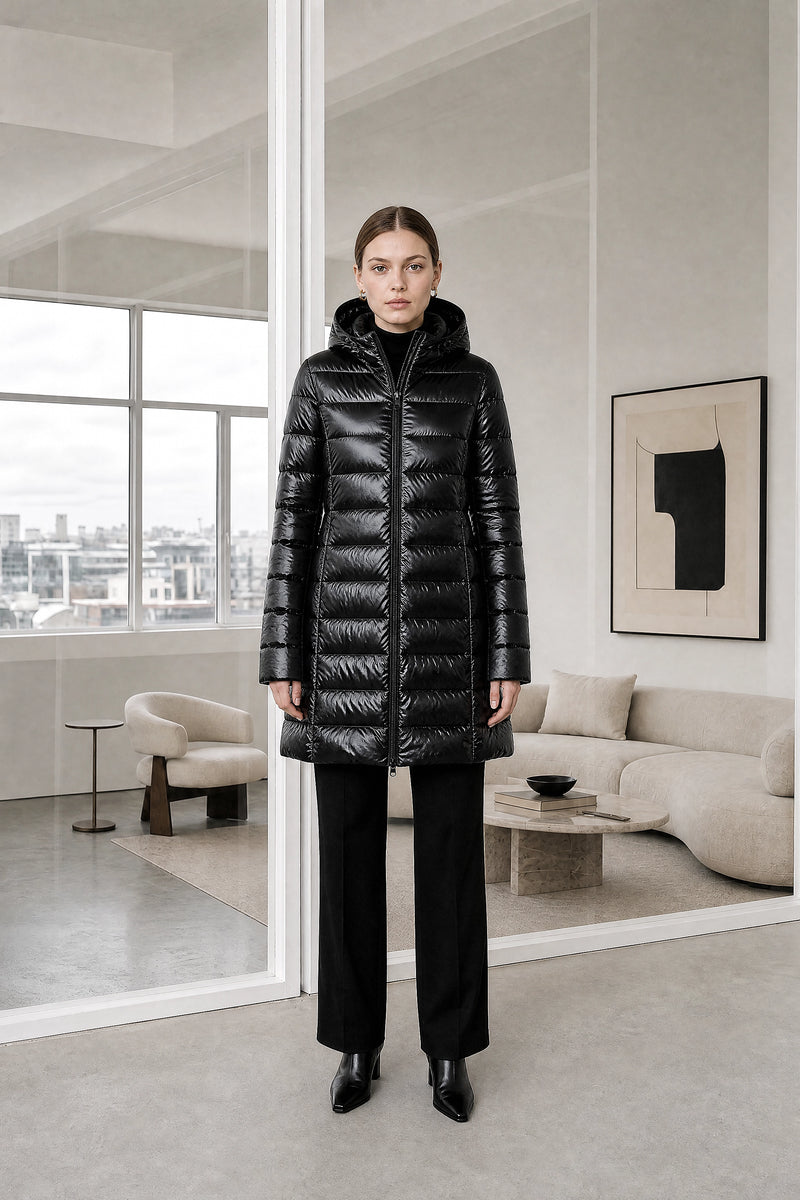 Monroe | Hooded Puffer Jacket in Black, studio front view