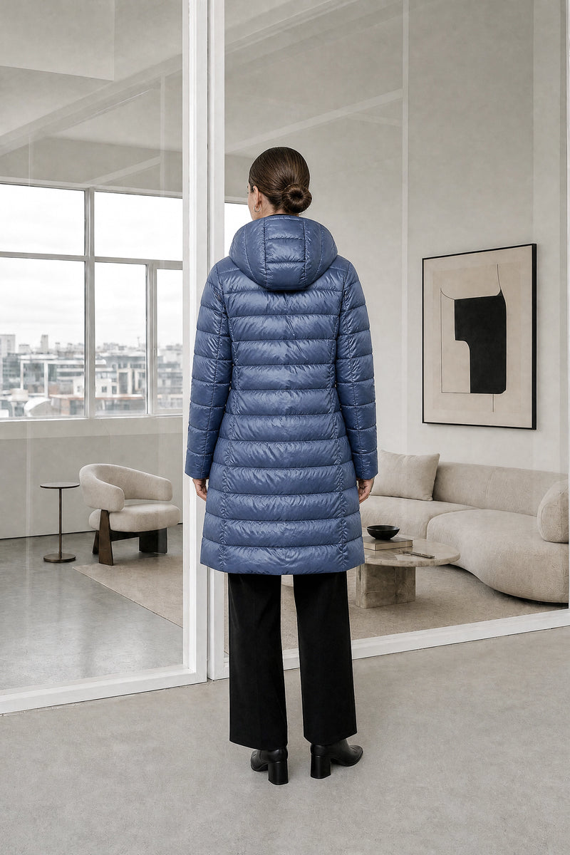 Monroe | Hooded Puffer Jacket in Blue, studio back view