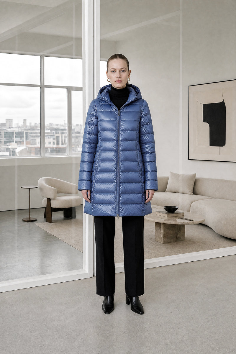 Monroe | Hooded Puffer Jacket in Blue, studio front view