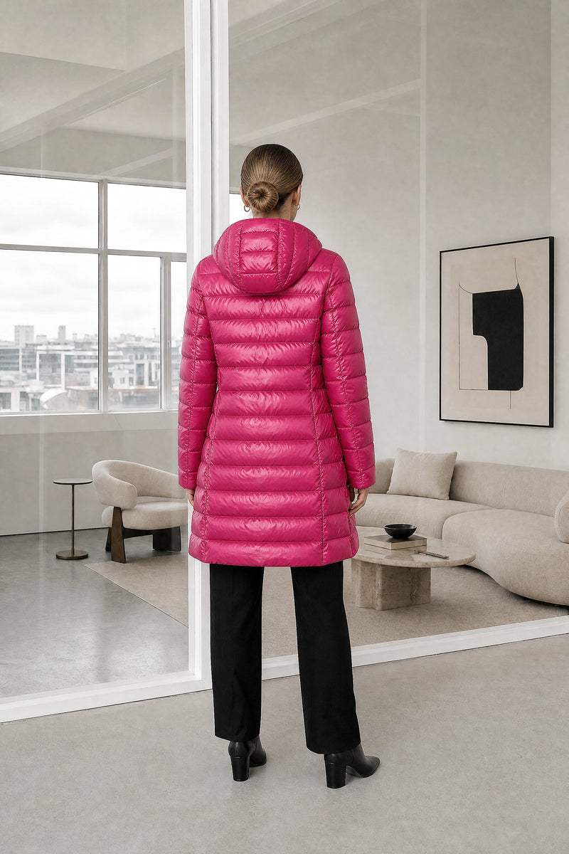 Monroe | Hooded Puffer Jacket in Fuchsia, studio back view