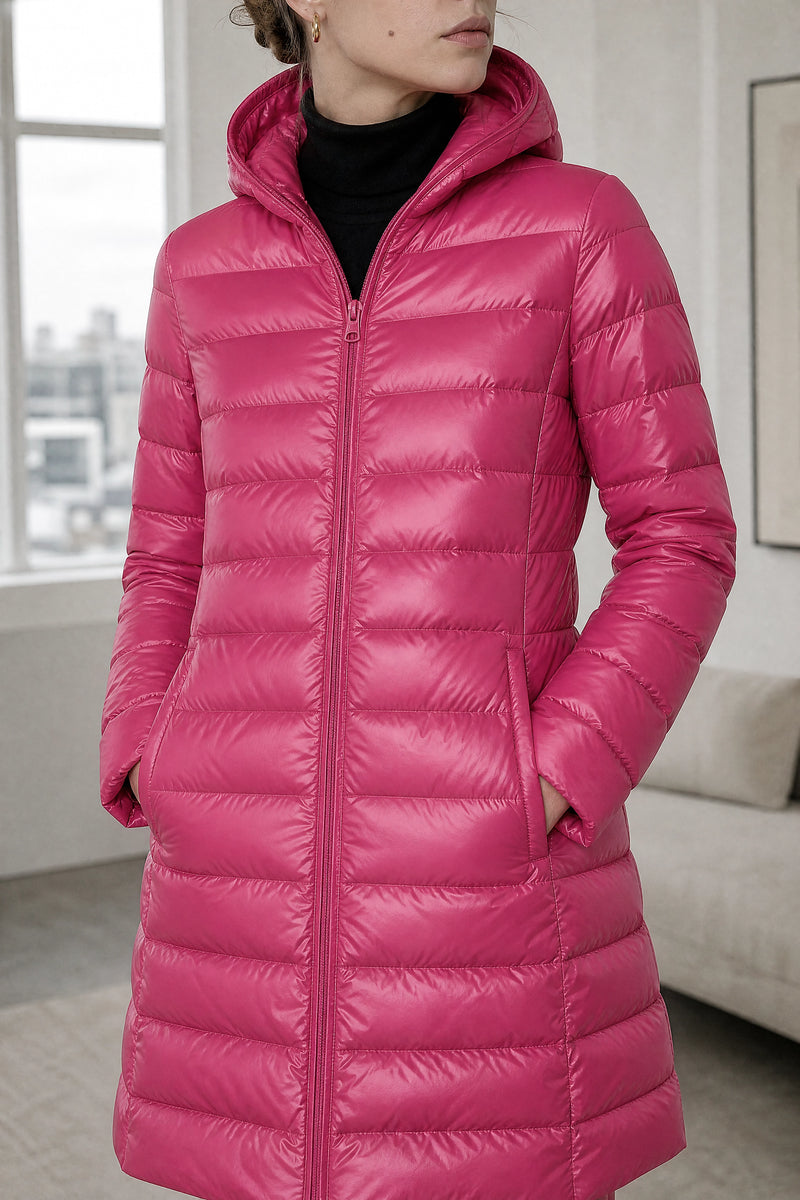 Monroe | Hooded Puffer Jacket in Fuchsia, fabric close-up