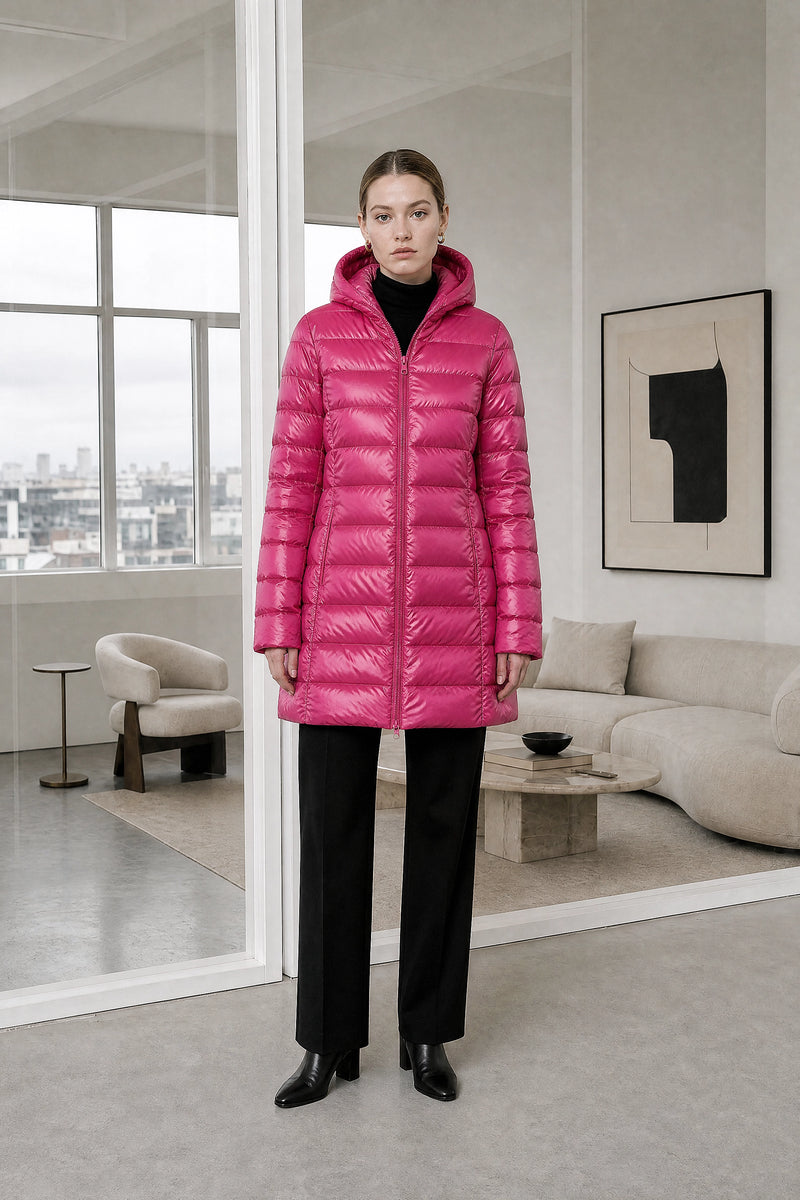 Monroe | Hooded Puffer Jacket in Fuchsia, studio front view