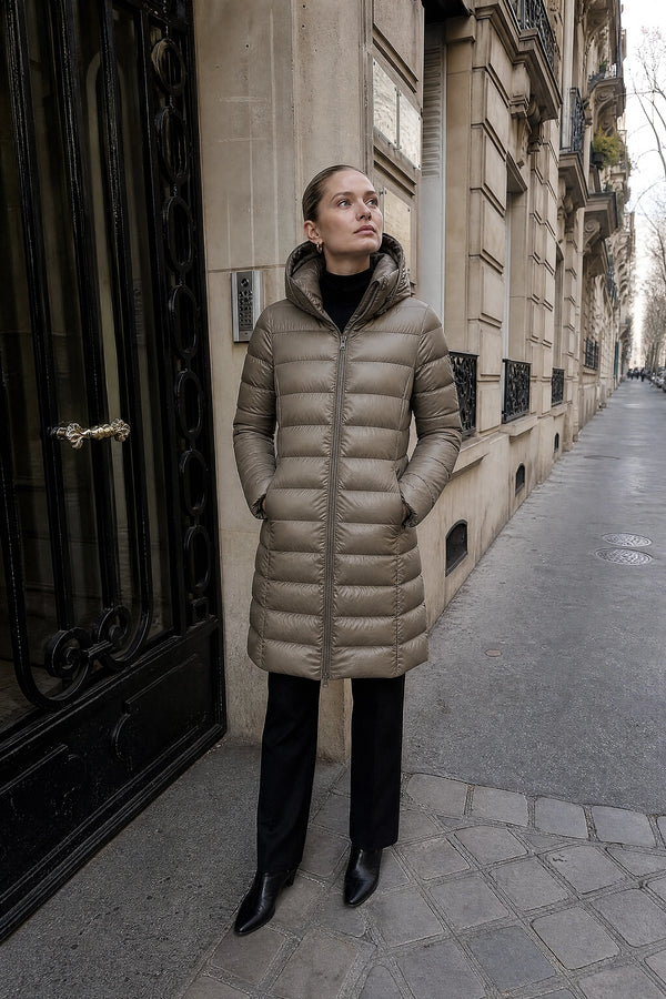SOFAINE-V7-LIFE-Monroe | Hooded Puffer Jacket in Khaki, street-style view