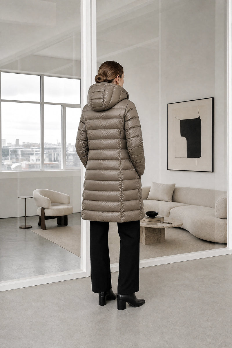 Monroe | Hooded Puffer Jacket in Khaki, studio back view