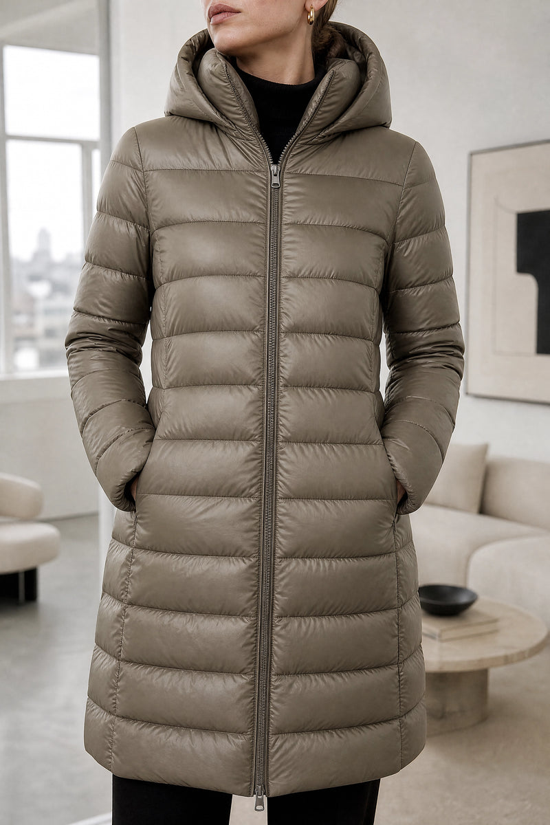 Monroe | Hooded Puffer Jacket in Khaki, fabric close-up