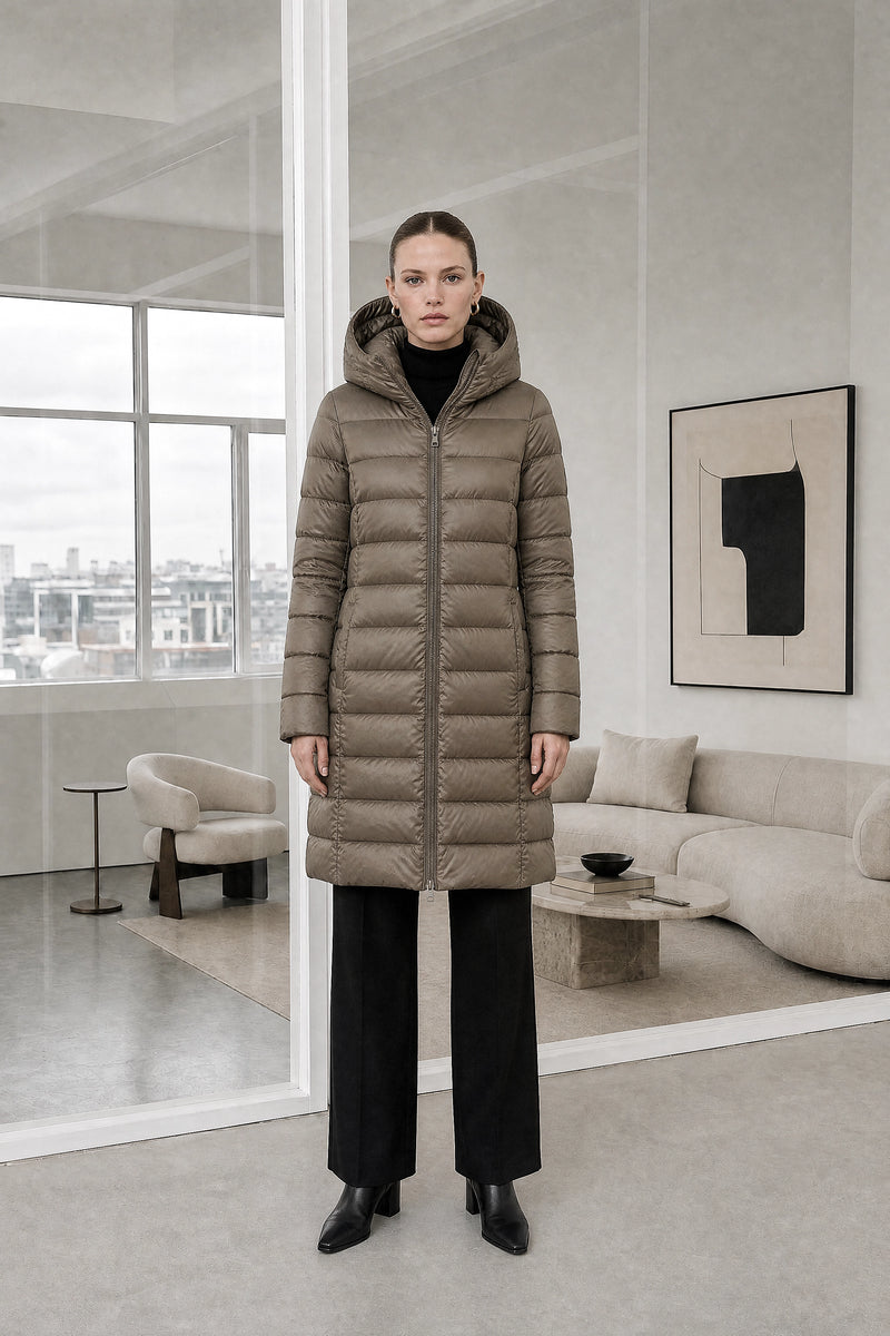 Monroe | Hooded Puffer Jacket in Khaki, studio front view