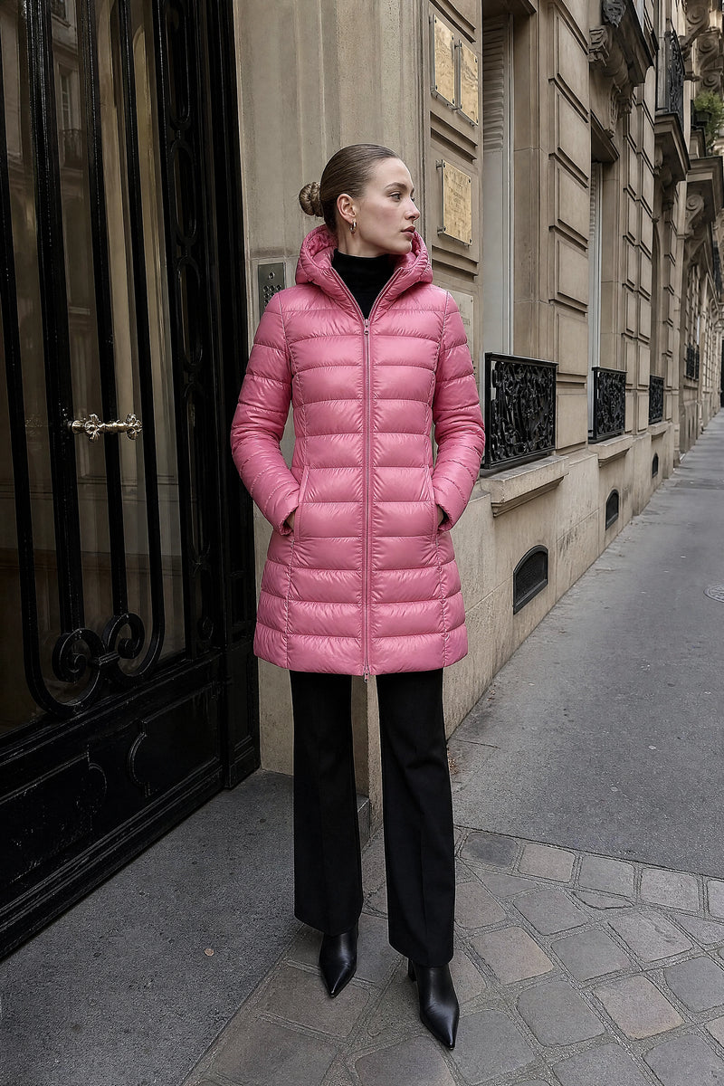 SOFAINE-V7-LIFE-Monroe | Hooded Puffer Jacket in Pink, street-style view