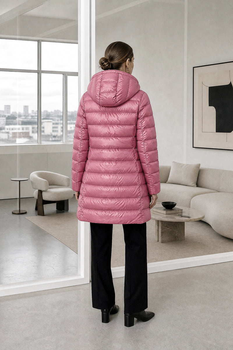 Monroe | Hooded Puffer Jacket in Pink, studio back view