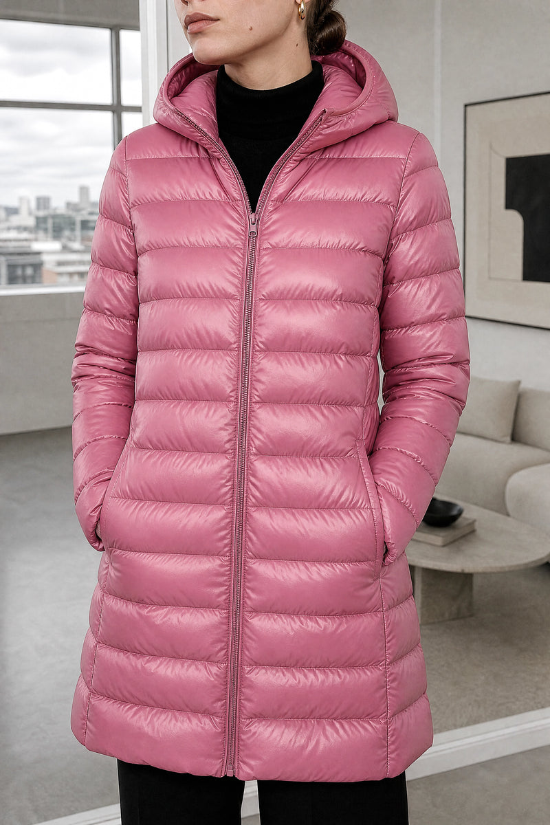 Monroe | Hooded Puffer Jacket in Pink, fabric close-up