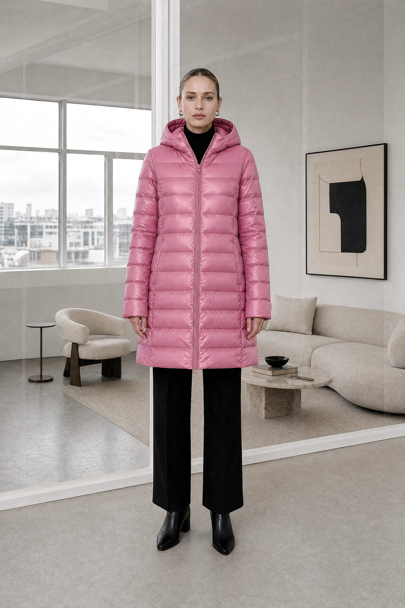 Monroe | Hooded Puffer Jacket in Pink, studio front view