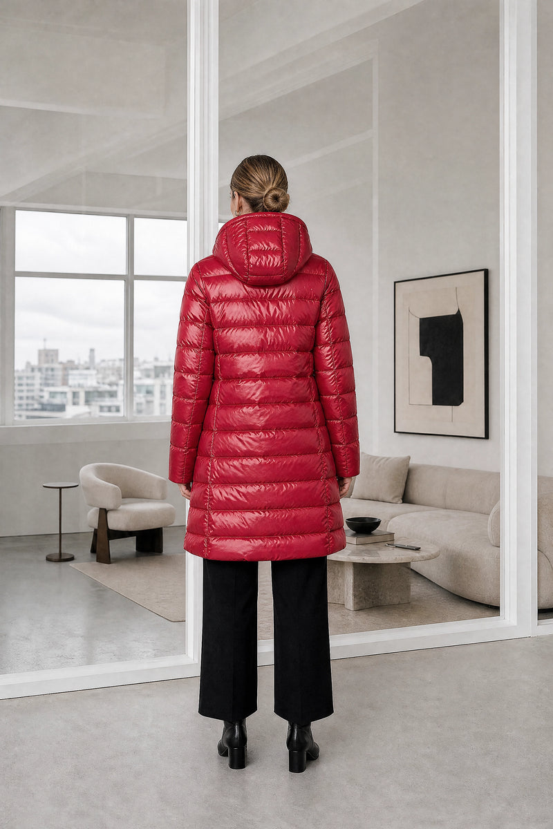 Monroe | Hooded Puffer Jacket in Red, studio back view