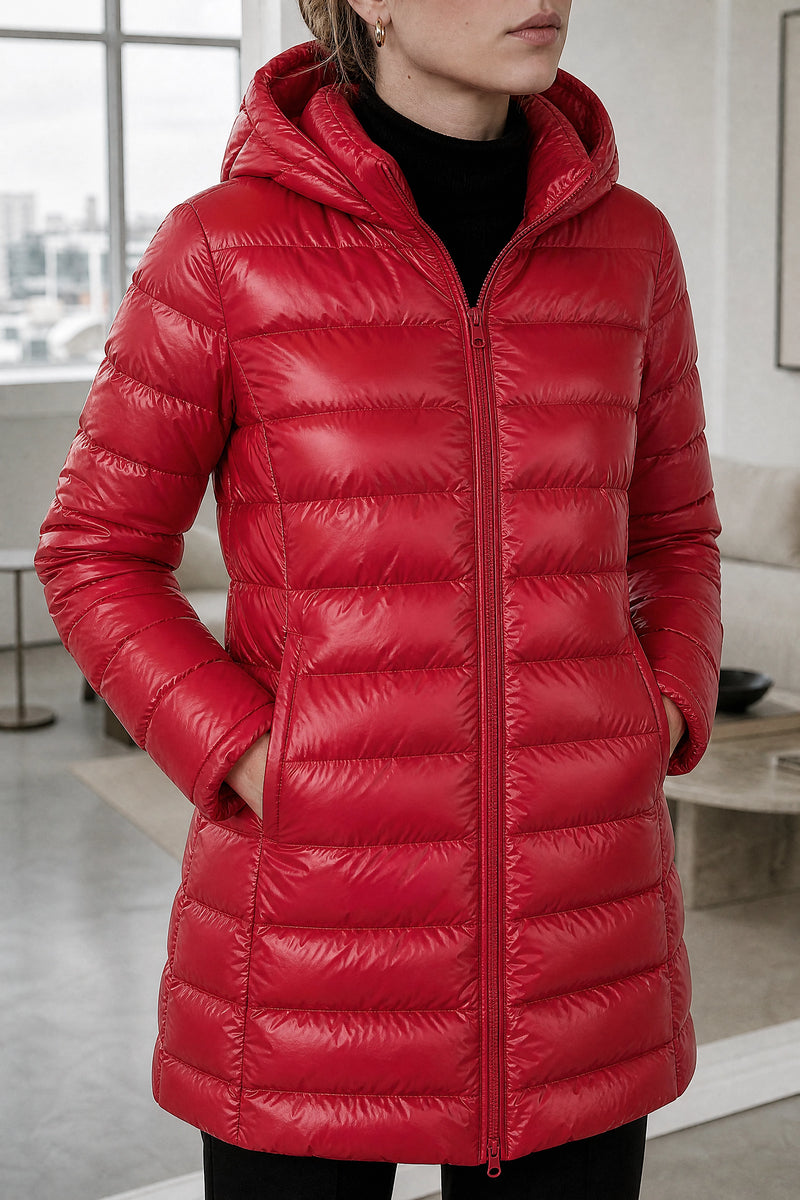 Monroe | Hooded Puffer Jacket in Red, fabric close-up