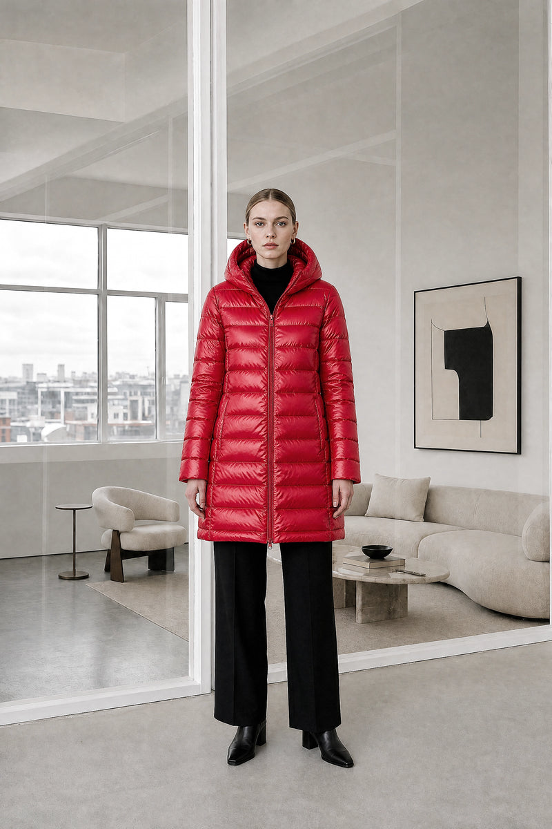 Monroe | Hooded Puffer Jacket in Red, studio front view
