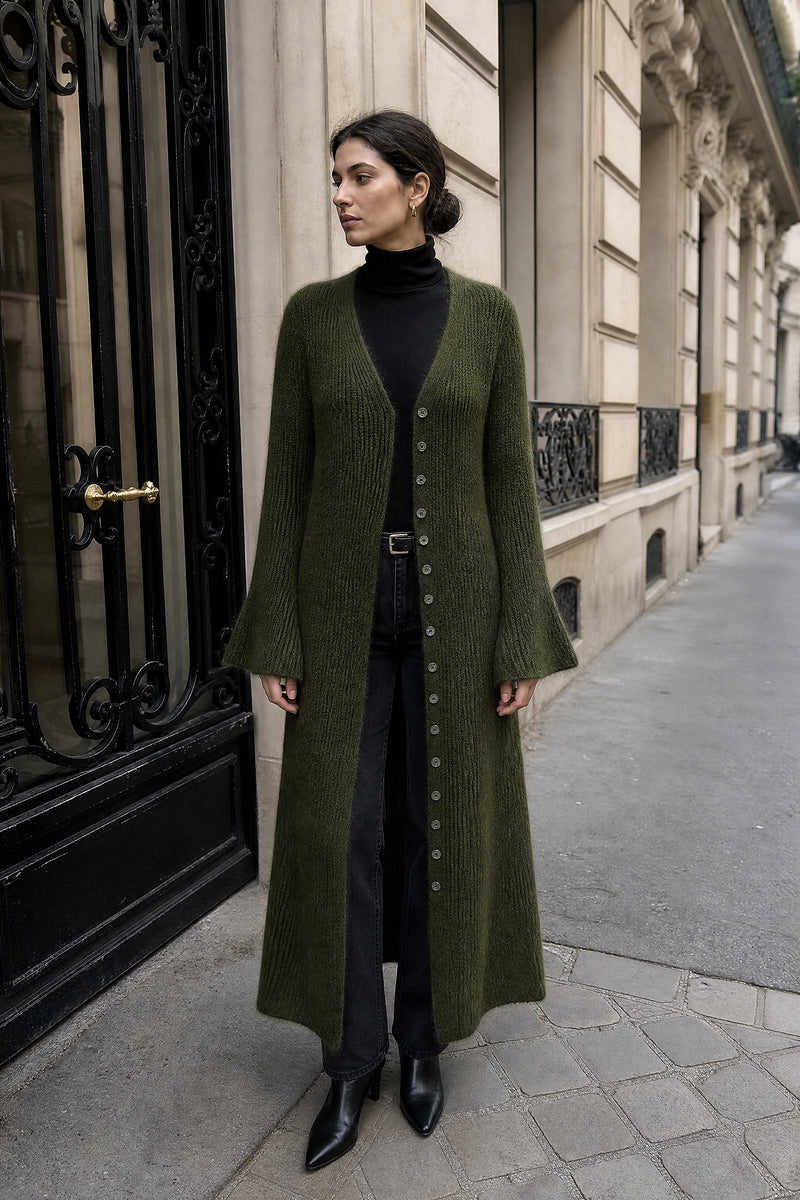 SOFAINE-V7-LIFE-Nadia | V-Neck Sweater Dress in Army Green, street-style view