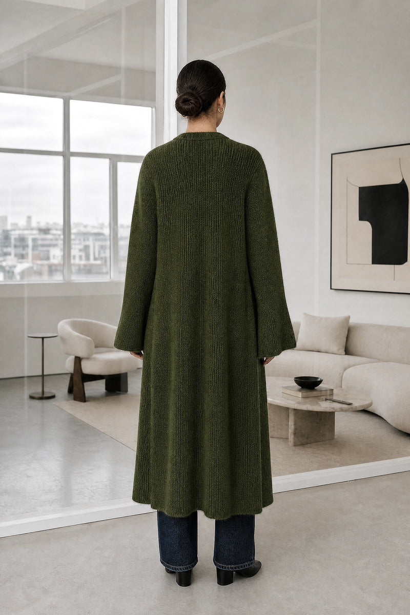 Nadia | V-Neck Sweater Dress in Army Green, studio back view
