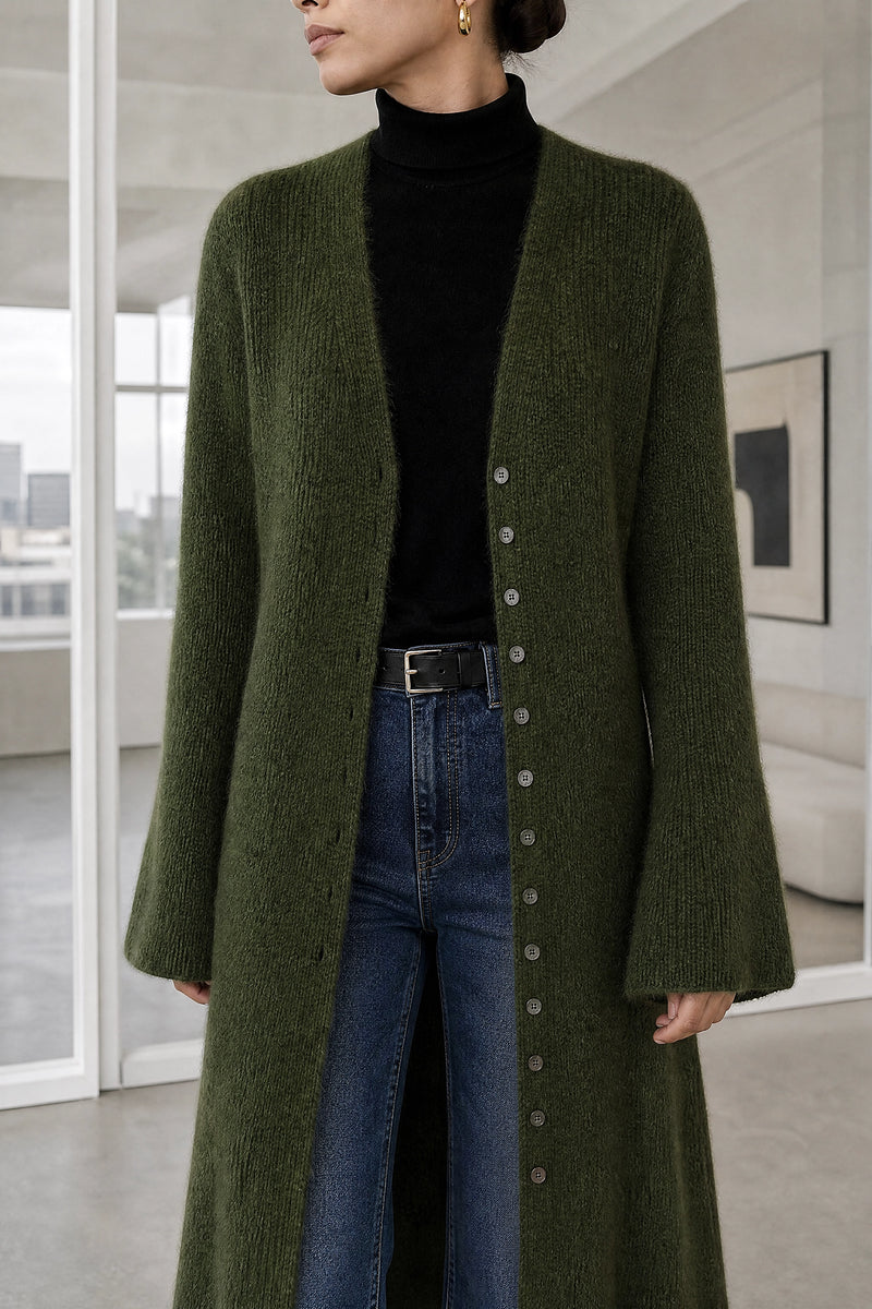 Nadia | V-Neck Sweater Dress in Army Green, fabric close-up