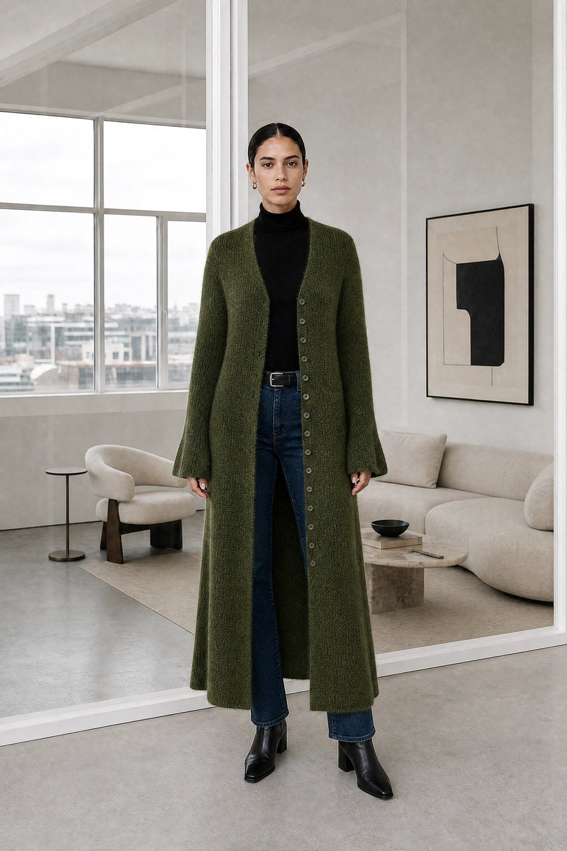 Nadia | V-Neck Sweater Dress in Army Green, studio front view