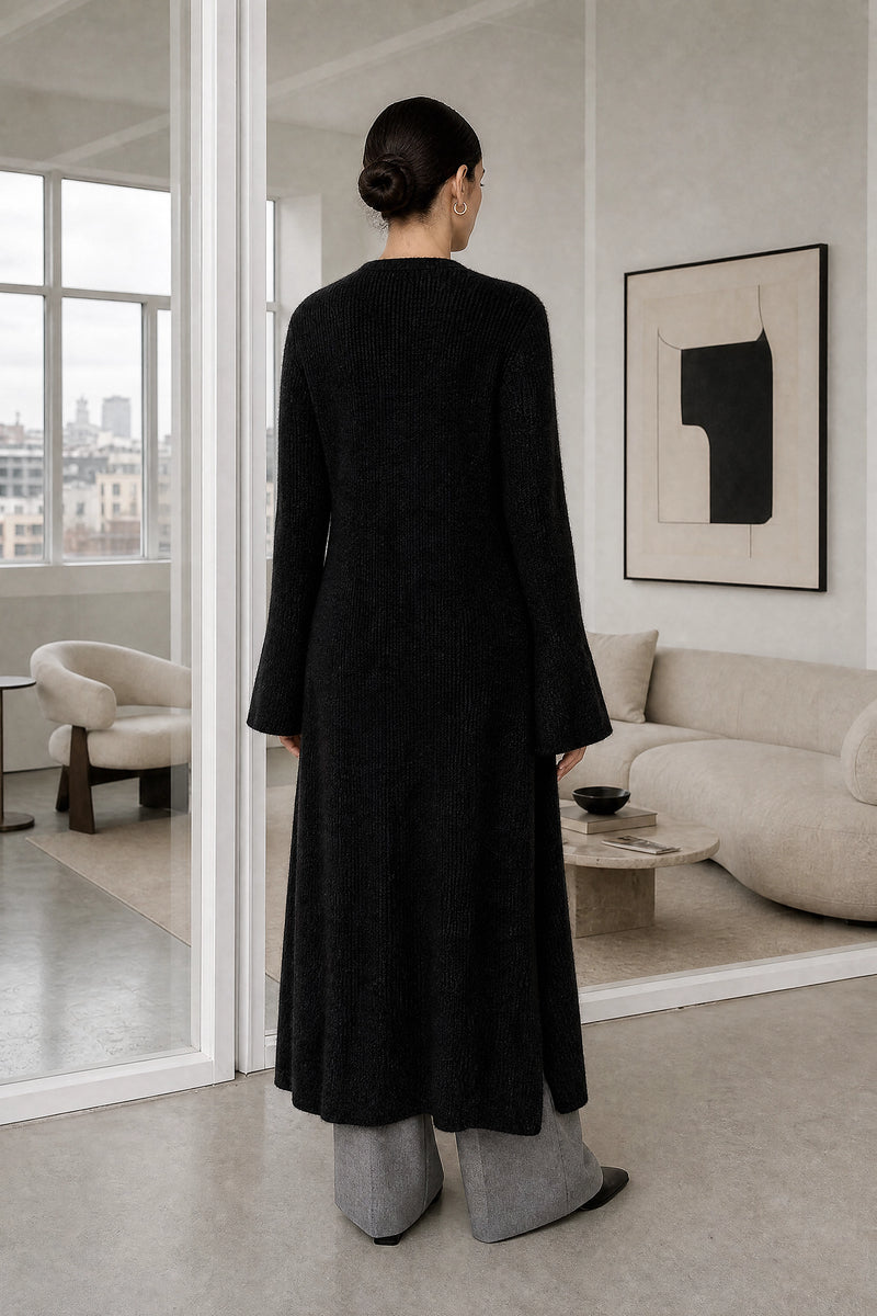 Nadia | V-Neck Sweater Dress in Black, studio back view