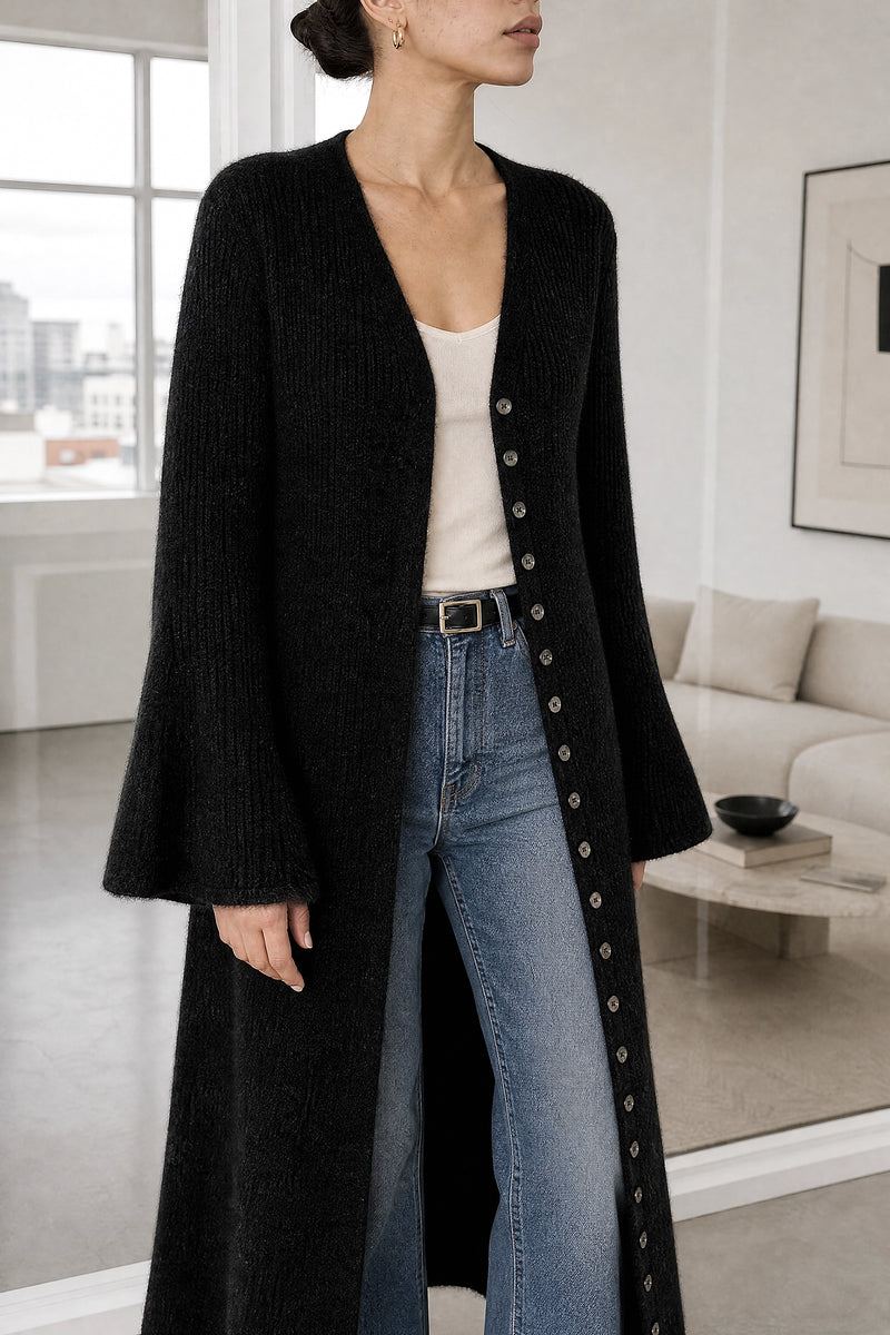Nadia | V-Neck Sweater Dress in Black, fabric close-up