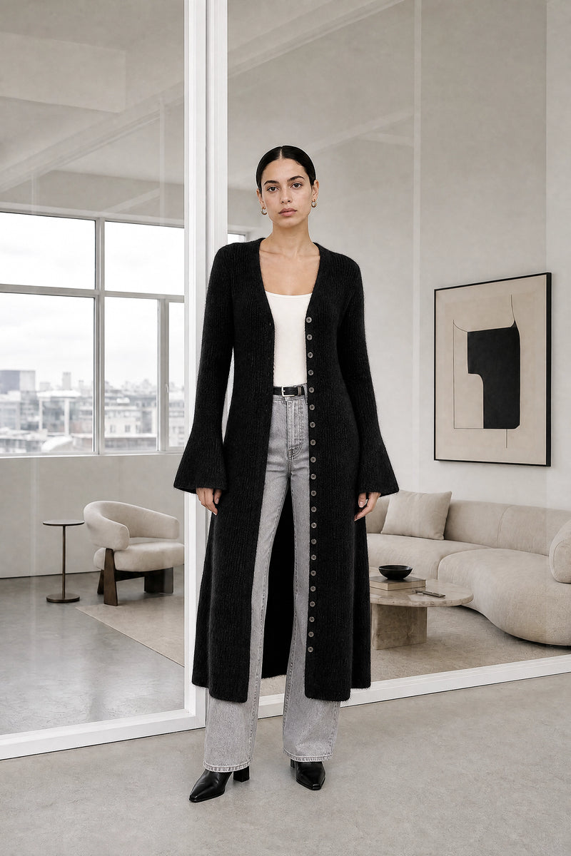 Nadia | V-Neck Sweater Dress in Black, studio front view