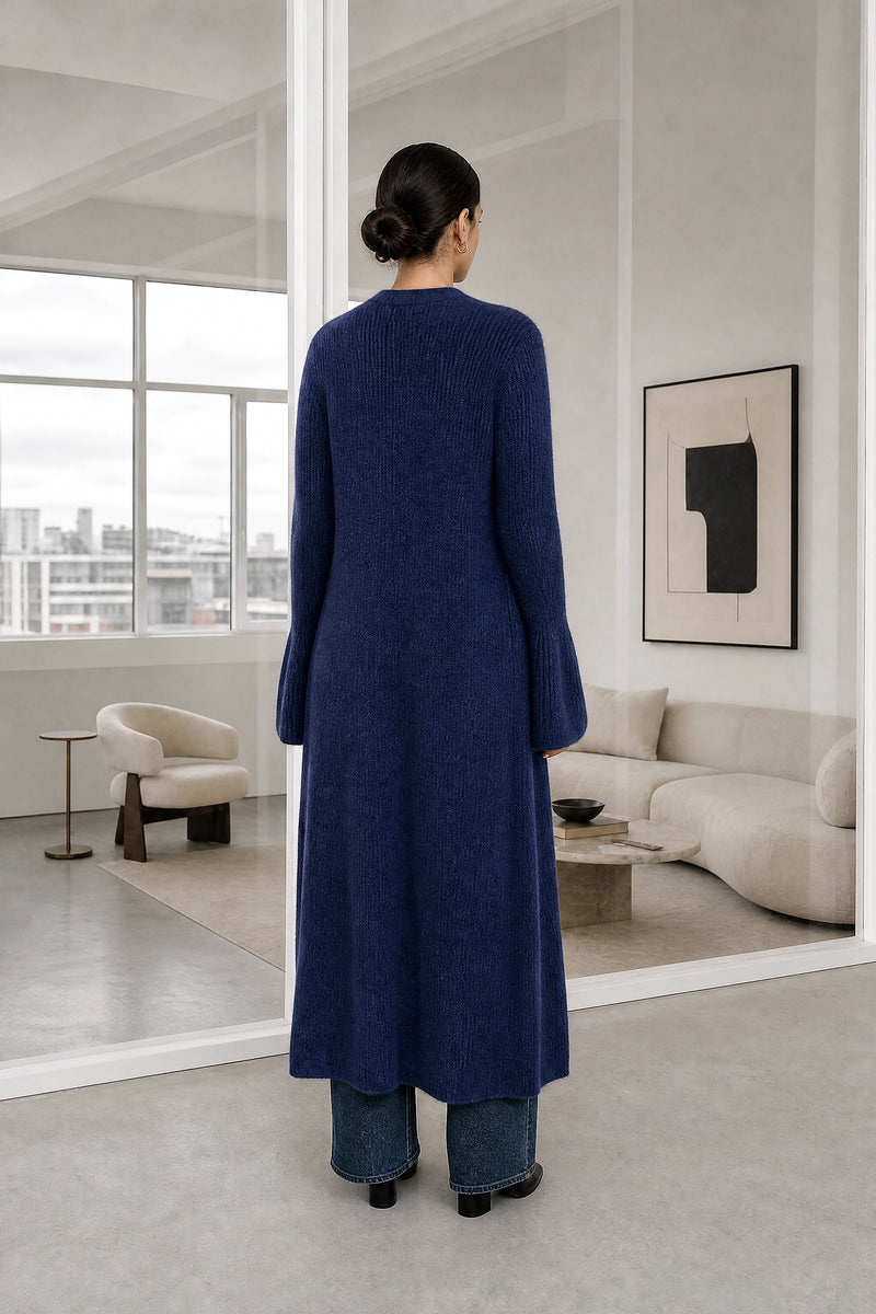 Nadia | V-Neck Sweater Dress in Blue, studio back view