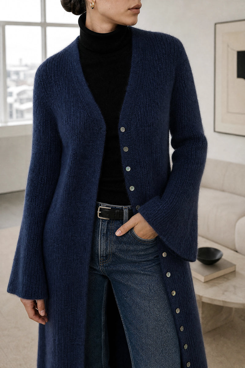 Nadia | V-Neck Sweater Dress in Blue, fabric close-up