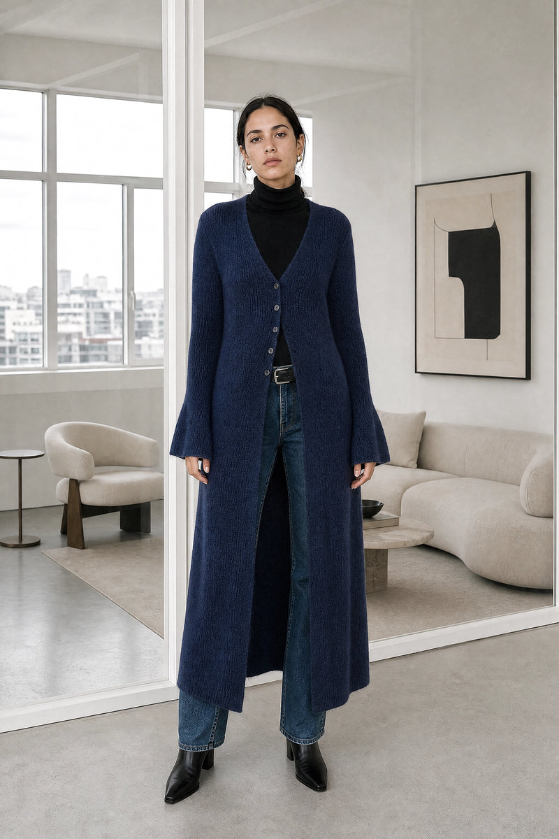 Nadia | V-Neck Sweater Dress in Blue, studio front view