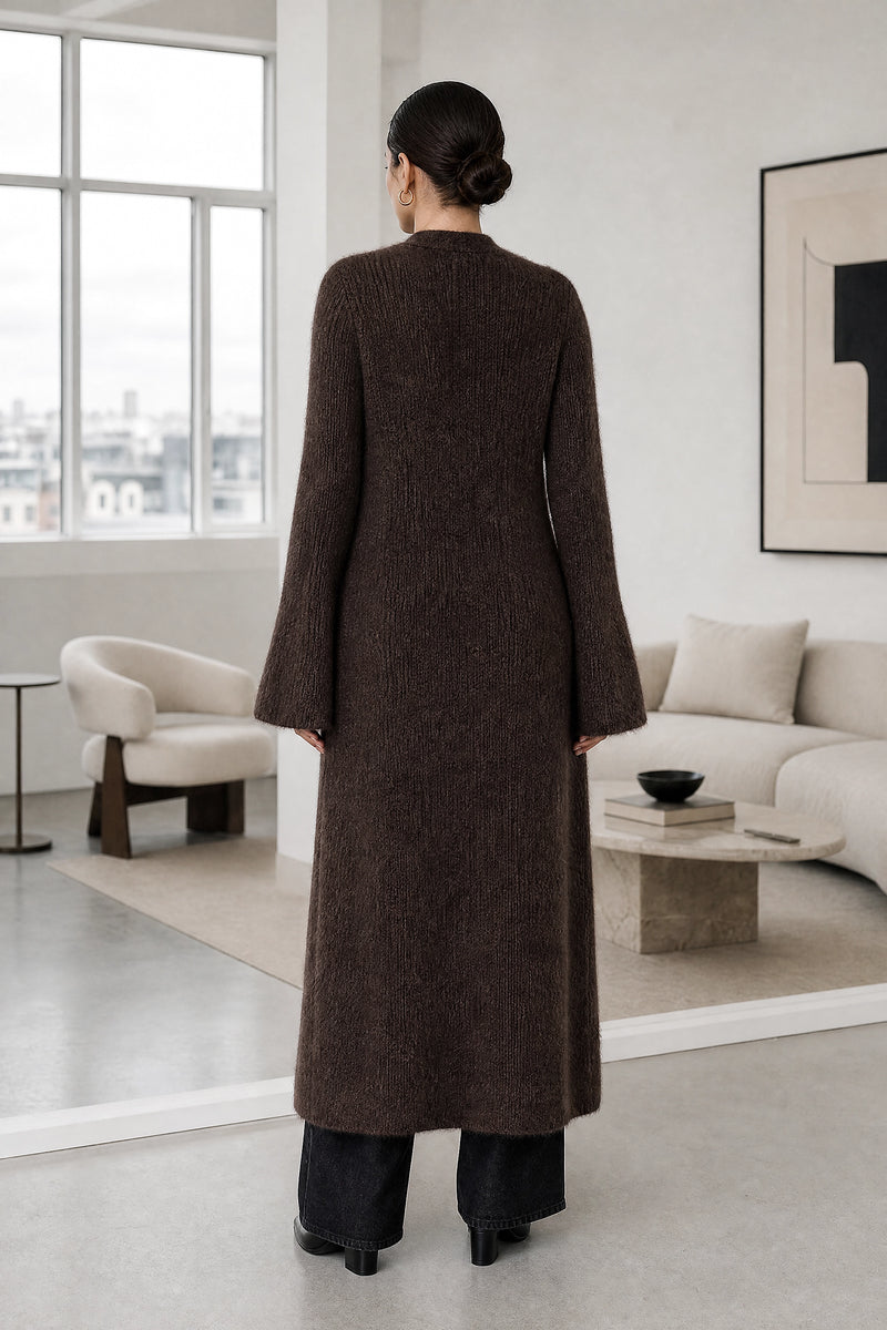Nadia | V-Neck Sweater Dress in Dark Brown, studio back view