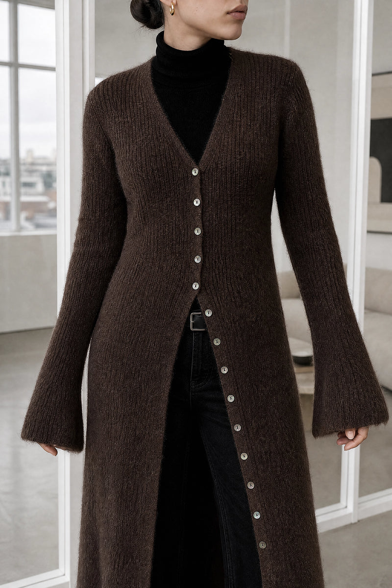 Nadia | V-Neck Sweater Dress in Dark Brown, fabric close-up