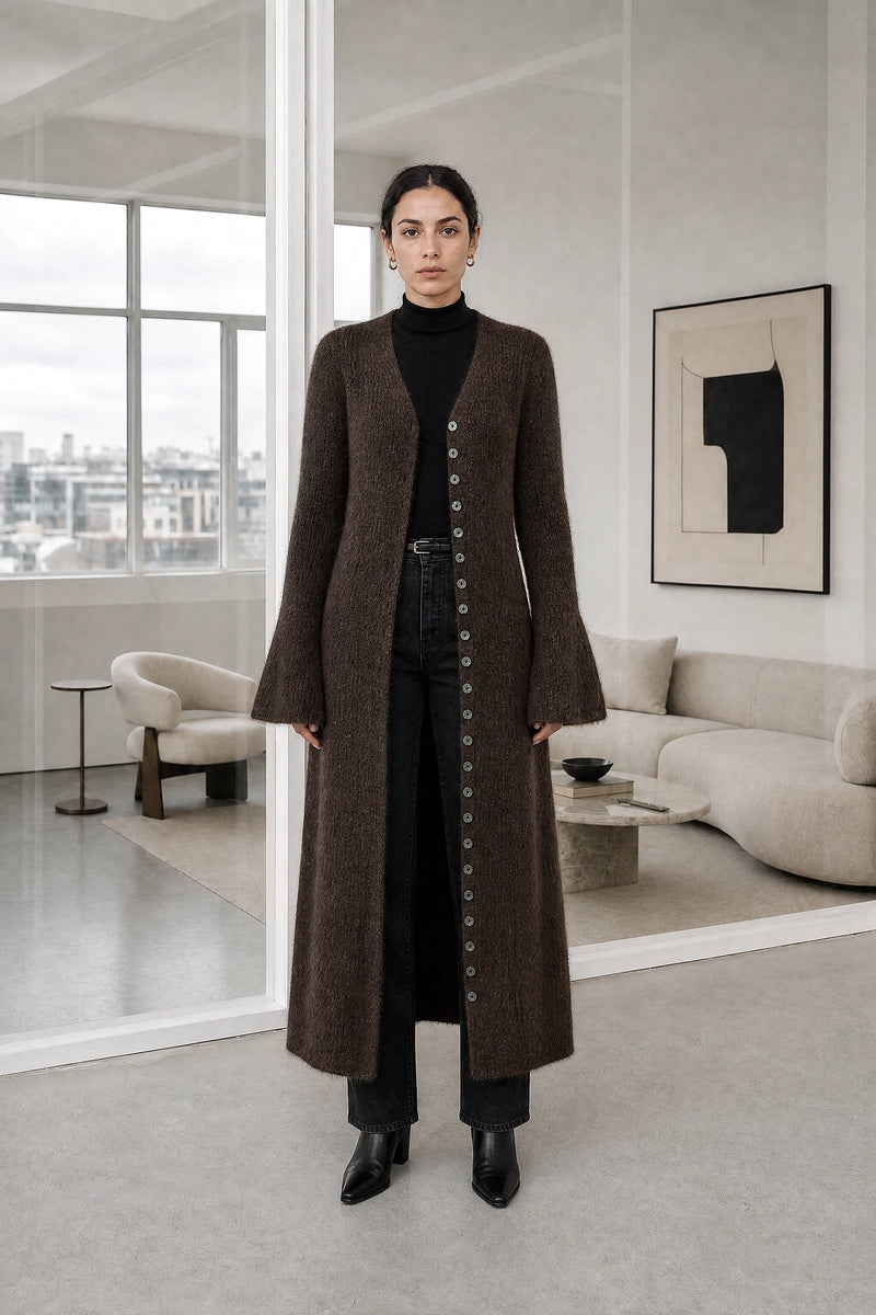 Nadia | V-Neck Sweater Dress in Dark Brown, studio front view