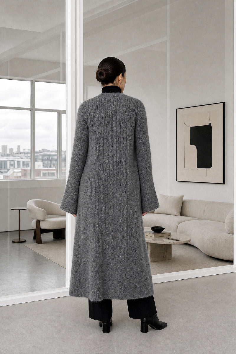 Nadia | V-Neck Sweater Dress in Grey, studio back view