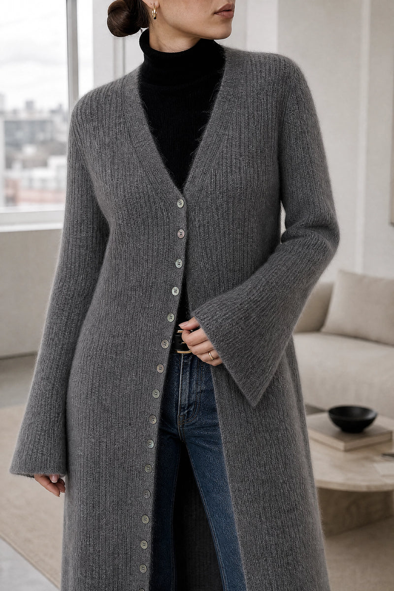 Nadia | V-Neck Sweater Dress in Grey, fabric close-up