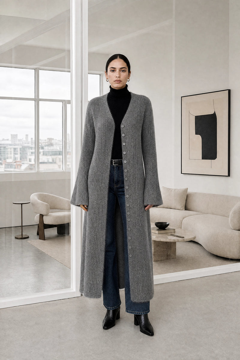 Nadia | V-Neck Sweater Dress in Grey, studio front view