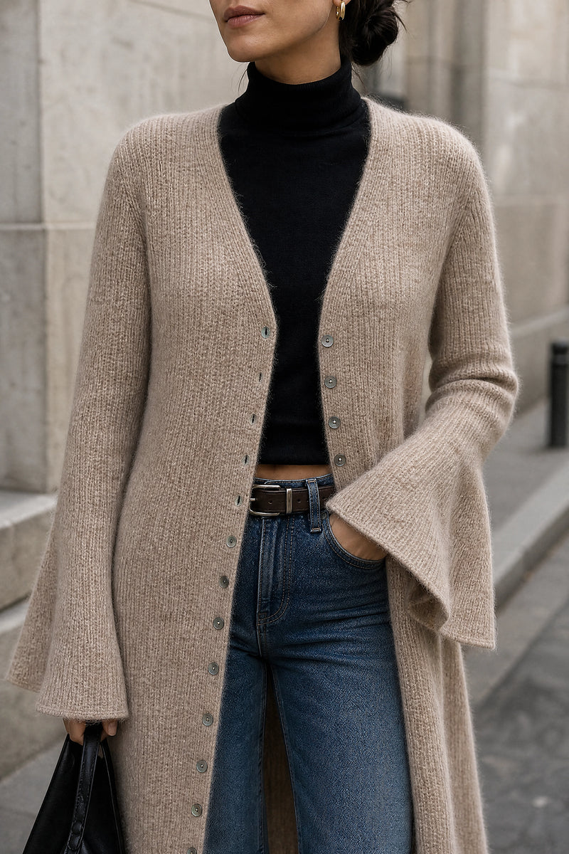 SOFAINE-V7-LIFE-Nadia | V-Neck Sweater Dress in Light Brown, detail close-up