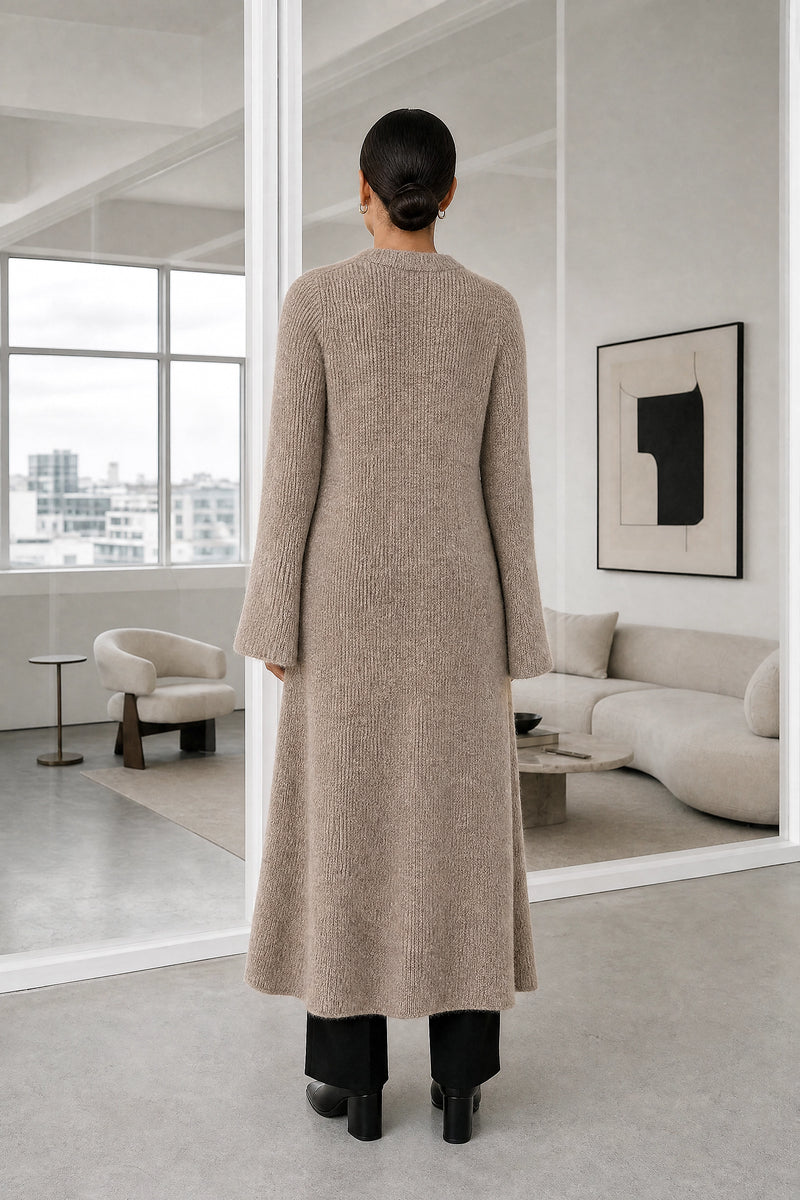 Nadia | V-Neck Sweater Dress in Light Brown, studio back view
