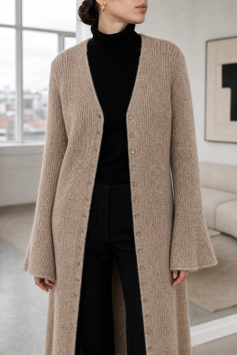 Nadia | V-Neck Sweater Dress in Light Brown, fabric close-up
