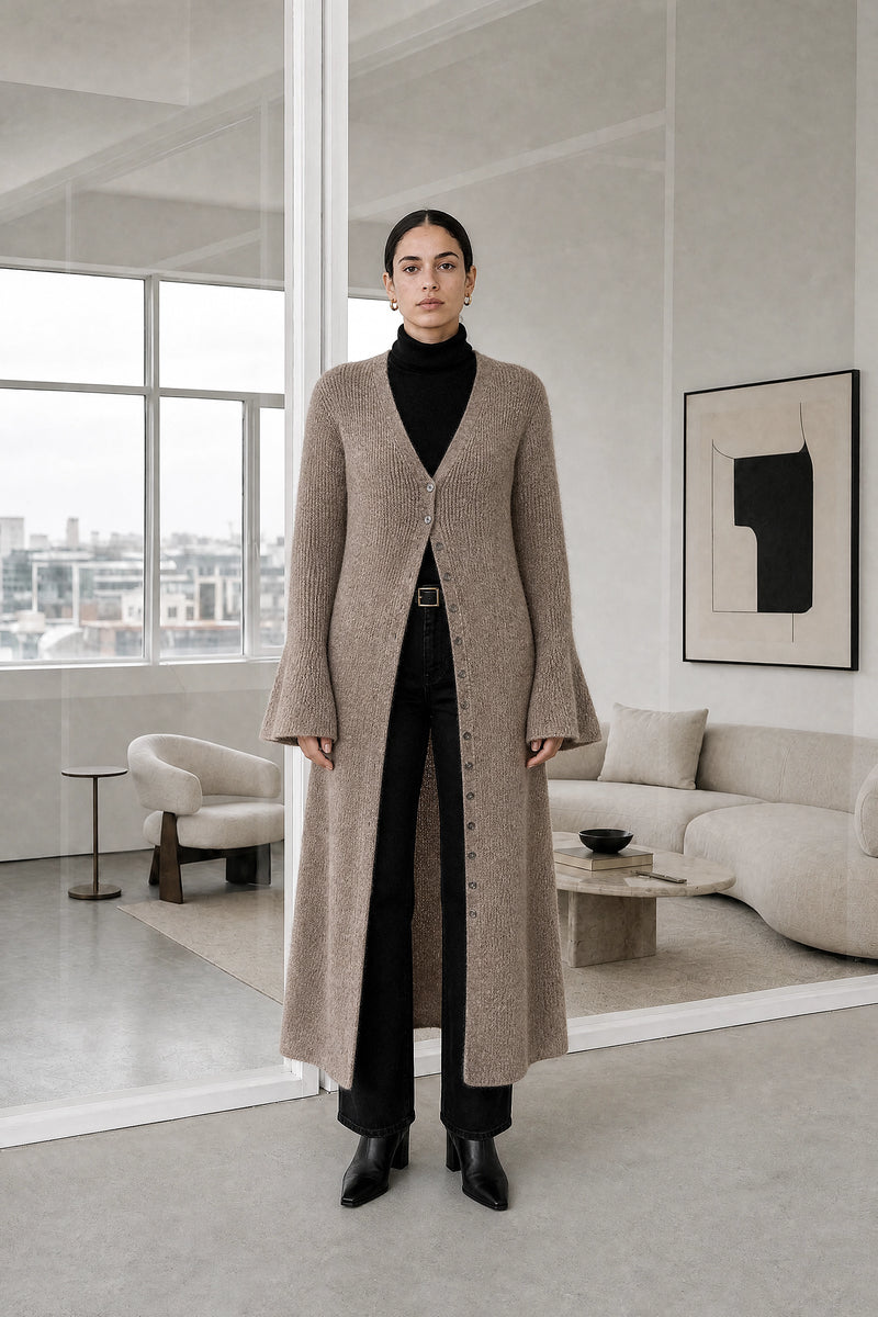 Nadia | V-Neck Sweater Dress in Light Brown, studio front view