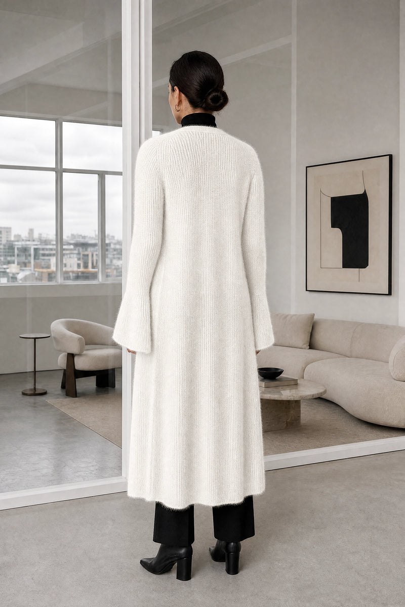Nadia | V-Neck Sweater Dress in White, studio back view