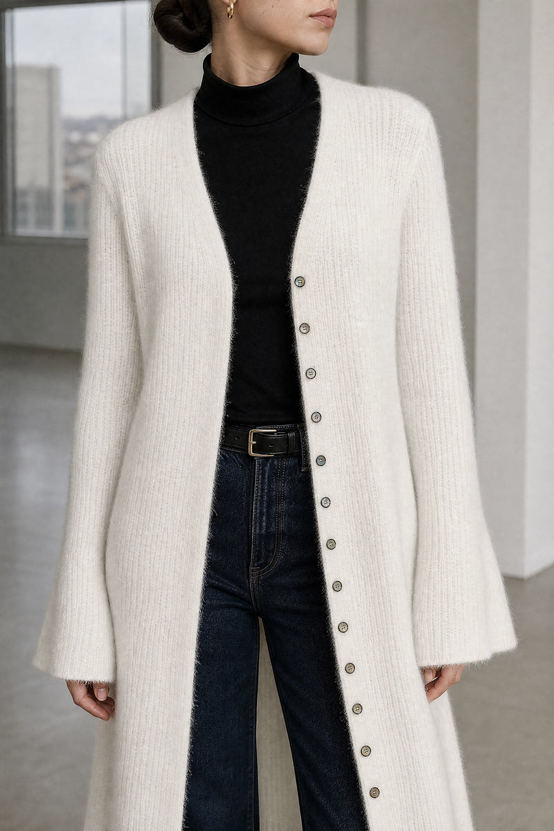 Nadia | V-Neck Sweater Dress in White, fabric close-up